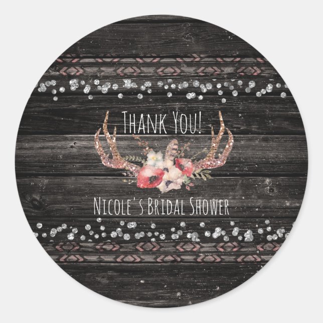 Sticker Rond Fleurs et bois de cerf Boho Chic Glam de campagne  (Devant)