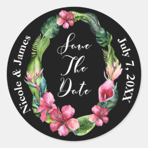 Sticker Rond Fleurs et feuilles de jardin tropical Enregistrer 