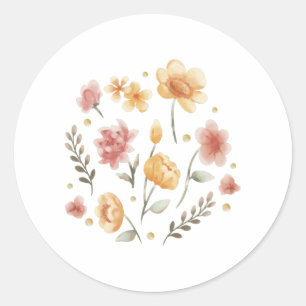 Sticker Rond Fleurs et feuilles fleuries aquarelle