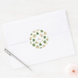 Sticker Rond Fleurs et feuilles tropicales Fête de bébé jungle