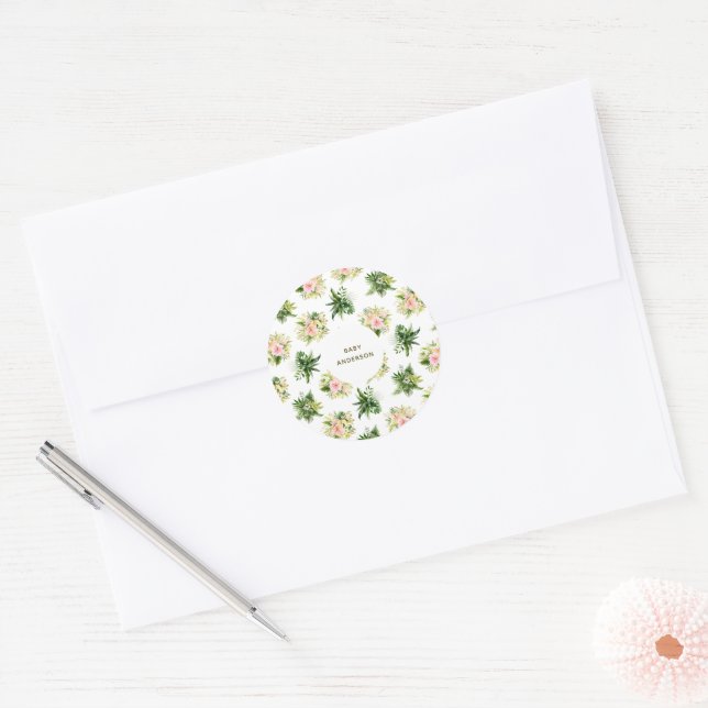 Sticker Rond Fleurs et feuilles tropicales Fête de bébé jungle (Enveloppe)