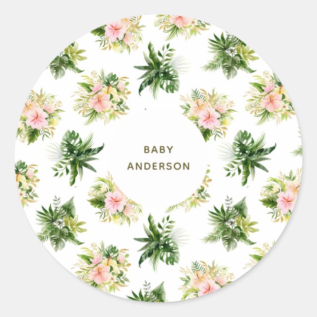Sticker Rond Fleurs et feuilles tropicales Jungle Baby Shower (Devant)