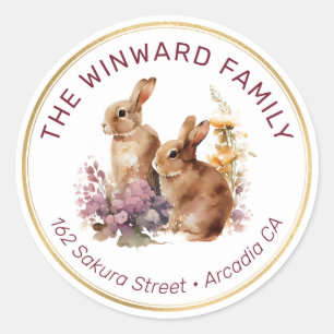 Sticker Rond Fleurs et lapins de printemps Adresse de retour de