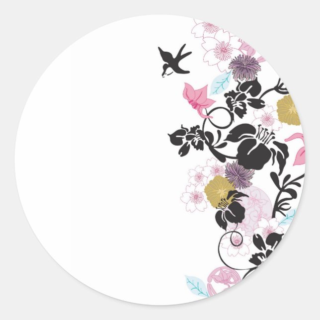 Sticker Rond Fleurs et oiseaux japonais (Devant)