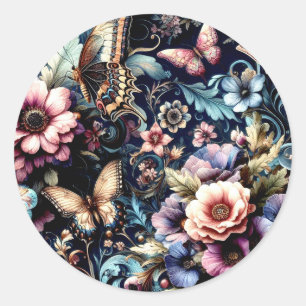Sticker Rond Fleurs et papillons de printemps antiques