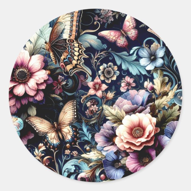 Sticker Rond Fleurs et papillons de printemps antiques (Devant)