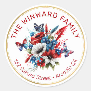 Sticker Rond Fleurs et papillons patriotiques rouge blanc bleu
