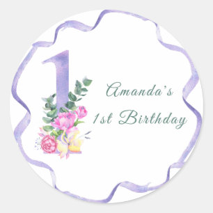 Sticker Rond Fleurs et ruban Fête du premier anniversaire