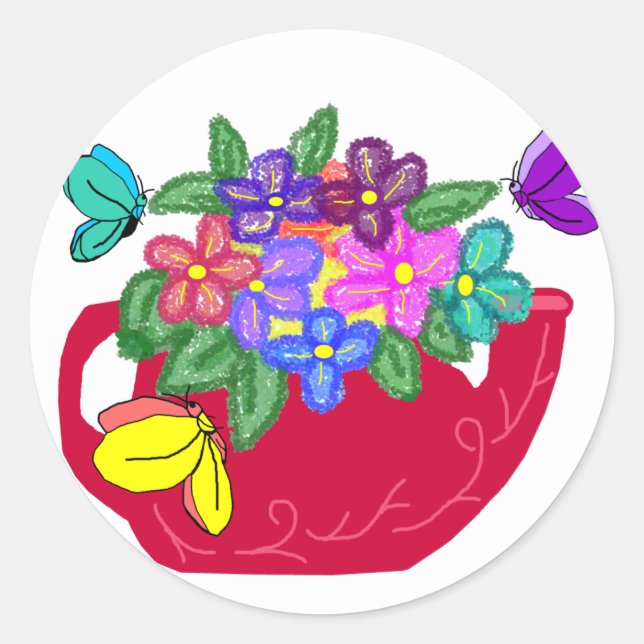 Sticker Rond Fleurs fantaisie dans un pot de thé avec des autoc (Devant)