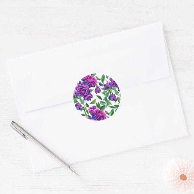 Sticker Rond Fleurs florales aquarelles magenta violet élégant (Enveloppe)