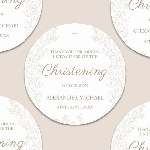 Sticker Rond Fleurs Florales Baptême Croix Remerciements