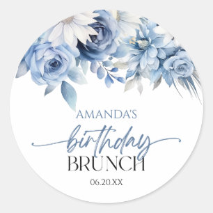 Sticker Rond Fleurs florales bleu Dusty Anniversaire Brunch Par