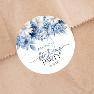 Sticker Rond Fleurs florales bleu Dusty Fête d'anniversaire
