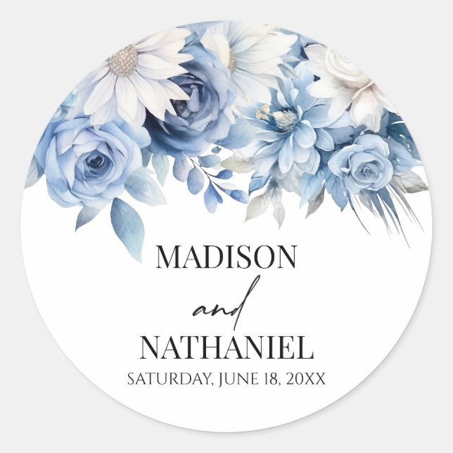 Sticker Rond Fleurs florales bleu Dusty Mariage botanique (Devant)