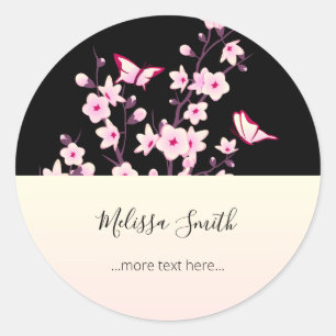 Sticker Rond Fleurs florales de cerisier rose noir