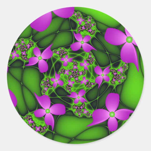 Sticker Rond Fleurs fractales abstraites néon rose vert moderne (Devant)