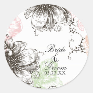 Sticker Rond Fleurs graphiques Vintages florales modernes rose