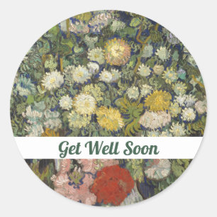 Sticker Rond Fleurs Guérissez Bientôt Peinture Vintage Van Gogh