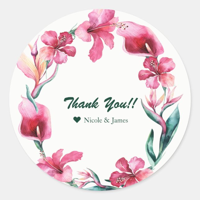 Sticker Rond Fleurs hawaïennes tropicales Mariage Luau Favor (Devant)