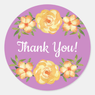 Sticker Rond Fleurs jaunes florales feuilles vertes violettes M