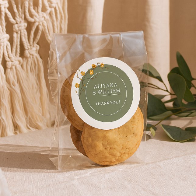 Sticker Rond Fleurs Jaunes Vintage Élégantes Rustique Vert (Créateur téléchargé)