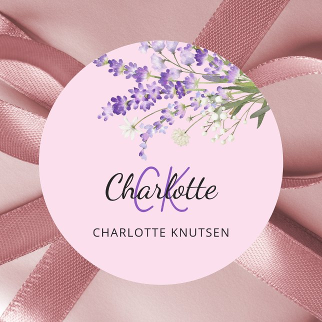 Sticker Rond Fleurs lavande rose monogrammées  (Créateur téléchargé)