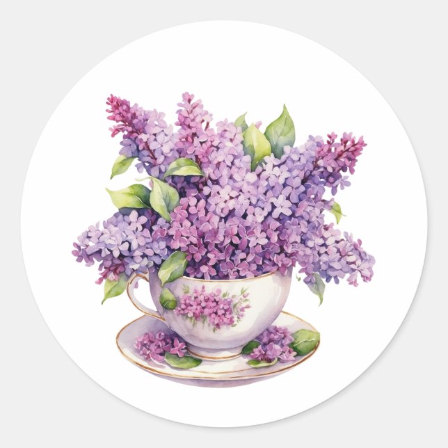 Sticker Rond Fleurs Lilac florissantes dans une Teacup (Devant)