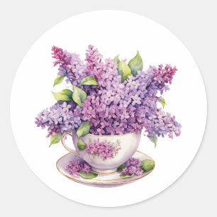 Sticker Rond Fleurs Lilac florissantes dans une Teacup