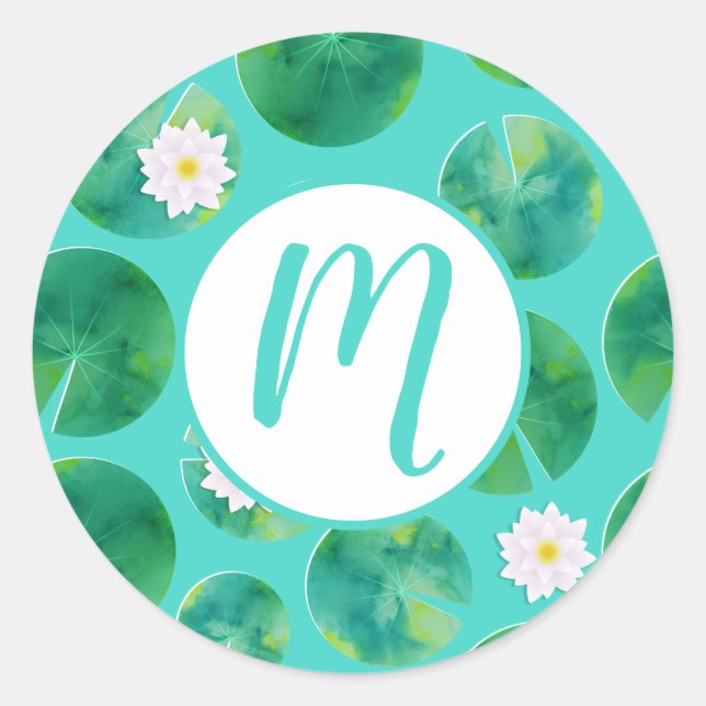 Sticker Rond Fleurs Lys d'Eau Blanche & Motif Lily Pad (Devant)
