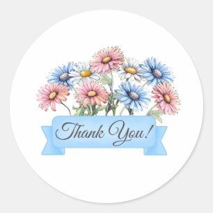 Sticker Rond Fleurs marguerites avec bannière Merci floral