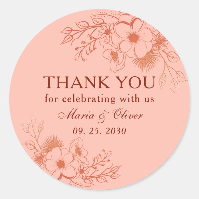 Sticker Rond Fleurs Merci Mariage Pêche (Devant)