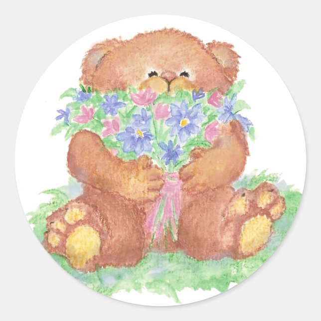 Sticker Rond Fleurs mignonnes pour vous Ours en peluche (Devant)