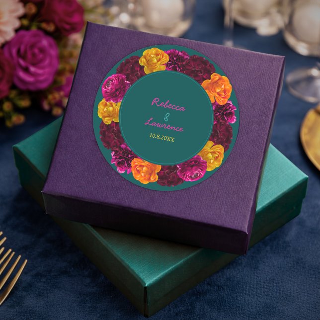 Sticker Rond Fleurs modernes rose vert jaune (Créateur téléchargé)