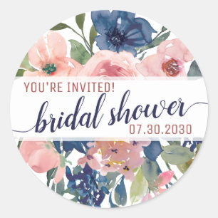 Sticker Rond Fleurs Navy Blush Rose Vous êtes Invité à une Baby