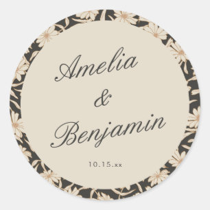 Sticker Rond Fleurs noires ivoire personnalisées pour mariage l