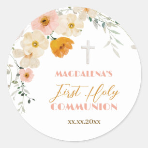 Sticker Rond Fleurs pastel et verdure Première communion sainte