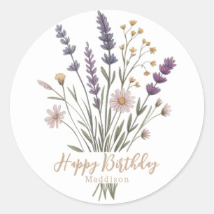 Sticker Rond Fleurs pastel sauvages Joyeux Anniversaire Nom 