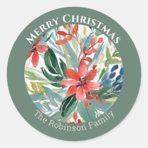 Sticker Rond Fleurs Poinsettia Rouge Feuille Élégant Botanique