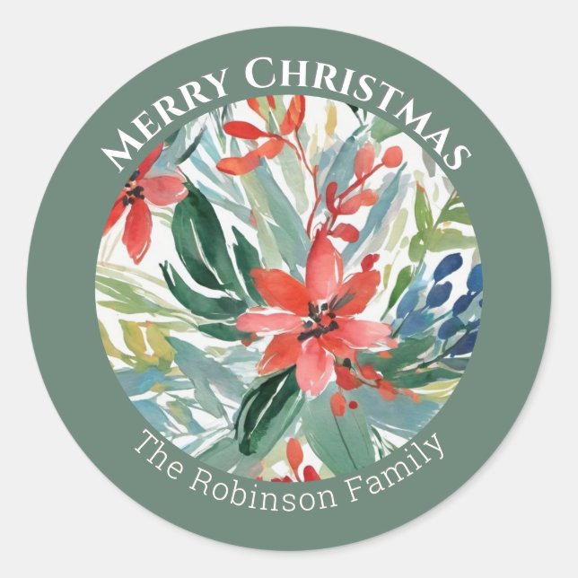 Sticker Rond Fleurs Poinsettia Rouge Feuille Élégant Botanique (Devant)