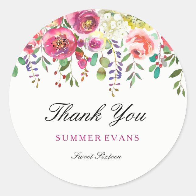 Sticker Rond Fleurs printanières Peach Rose Sweet 16 Mercis (Devant)