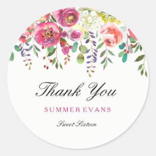 Sticker Rond Fleurs printanières Peach Rose Sweet 16 Mercis