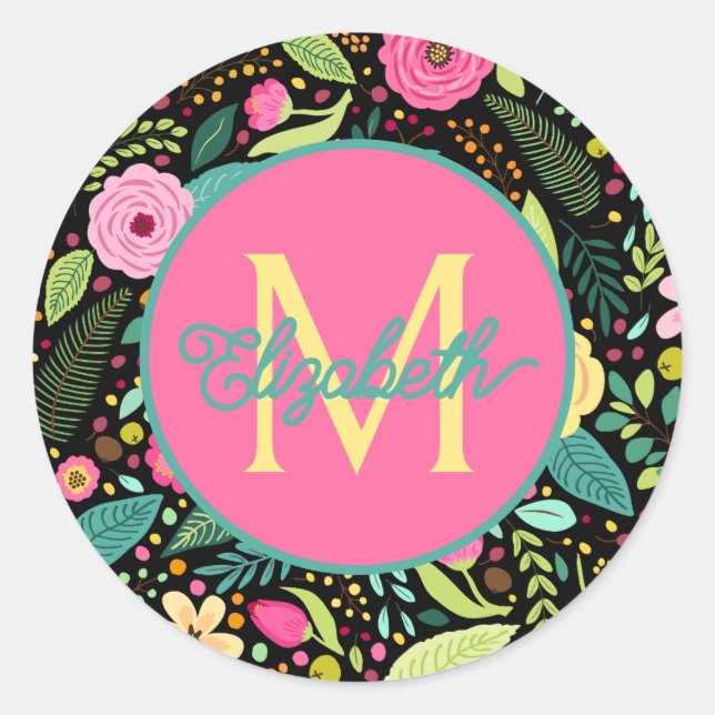 Sticker Rond Fleurs printanières sur monogramme noir (Devant)