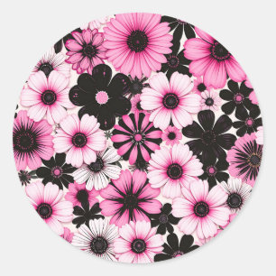 Sticker Rond Fleurs rétro en rose et noir