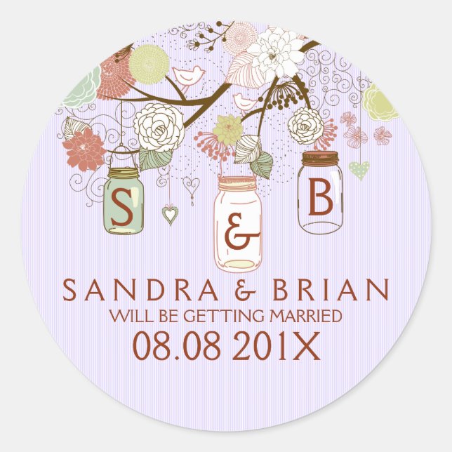 Sticker Rond Fleurs rétro et bandes de lavande accrochant Mason (Devant)