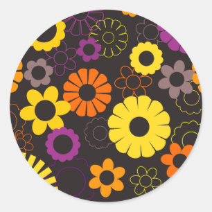 Sticker Rond Fleurs rétro jaunes oranges et violettes