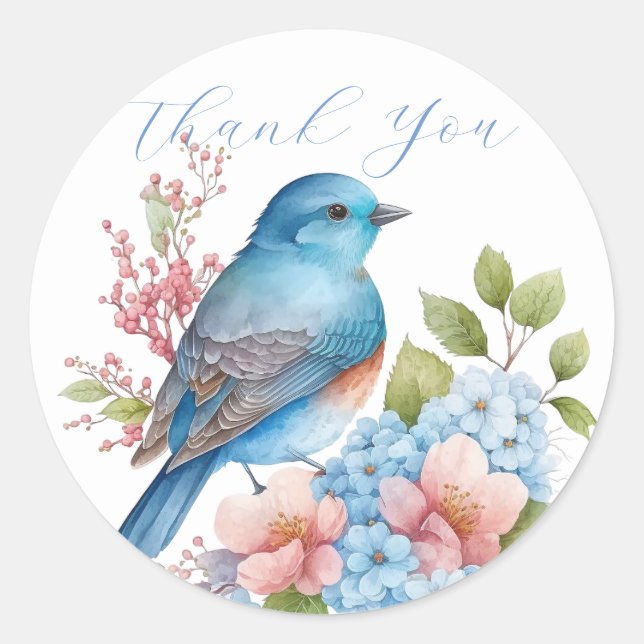 Sticker Rond Fleurs romantiques et oiseau bleu merci (Devant)
