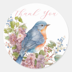Sticker Rond Fleurs romantiques et oiseau bleu merci