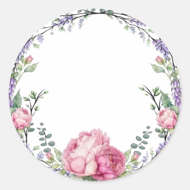 Sticker Rond Fleurs rose aquarelle lavande eucalyptus (Devant)