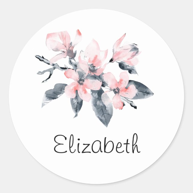 Sticker Rond Fleurs rose et gris Aquarelle classique (Devant)