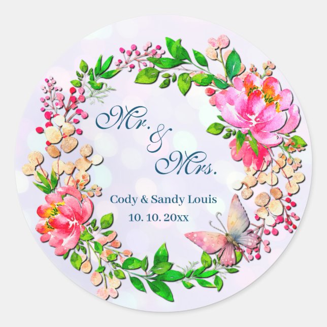 Sticker Rond Fleurs rose et papillon de printemps en aquarelle  (Devant)